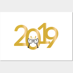 2019 New Years numbers and cartoon wine glasses Posters and Art